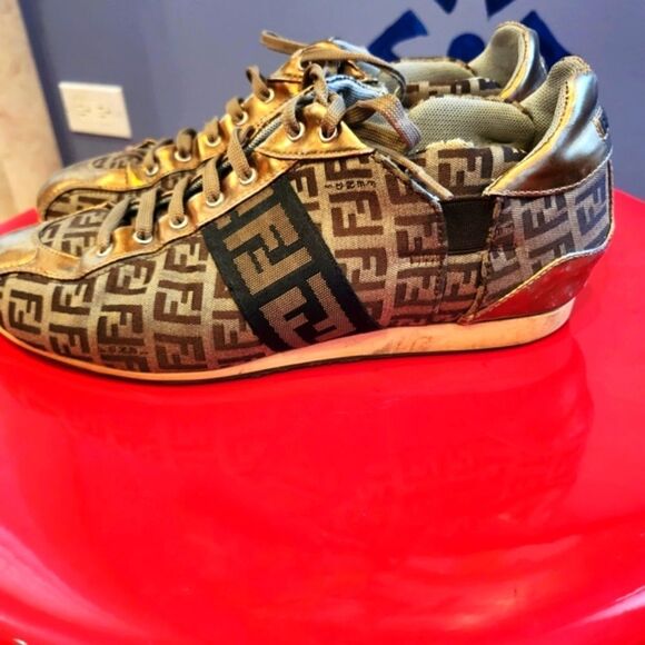 Fendi Metallic Gold and Brown Logo Sneakers - Picture 2 of 8